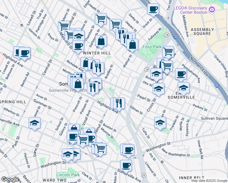 map of restaurants, bars, coffee shops, grocery stores, and more near 106 Walnut Street in Somerville