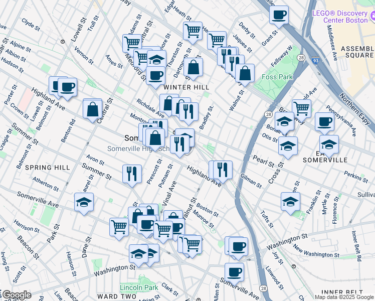 map of restaurants, bars, coffee shops, grocery stores, and more near 81 Highland Avenue in Somerville