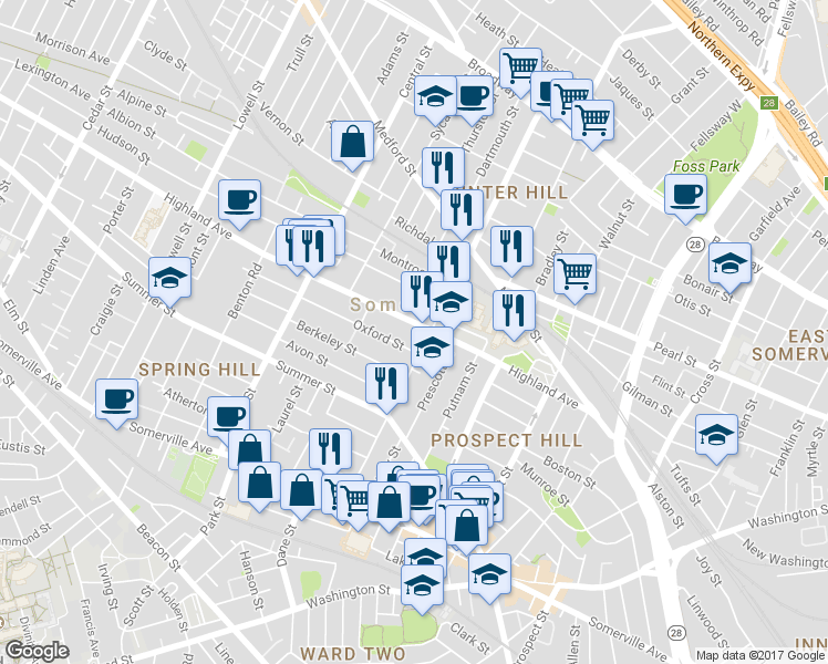 map of restaurants, bars, coffee shops, grocery stores, and more near in Somerville