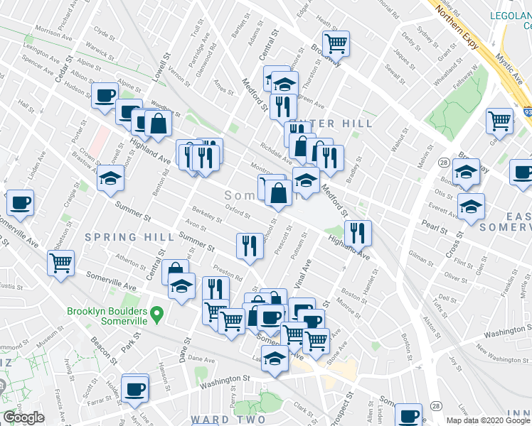 map of restaurants, bars, coffee shops, grocery stores, and more near in Somerville