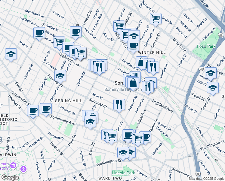 map of restaurants, bars, coffee shops, grocery stores, and more near in Somerville