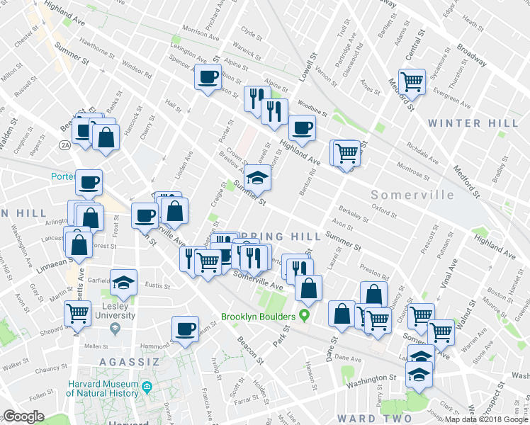 map of restaurants, bars, coffee shops, grocery stores, and more near 194 Summer Street in Somerville