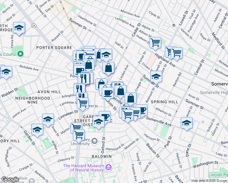 map of restaurants, bars, coffee shops, grocery stores, and more near 36 Elm Street in Somerville