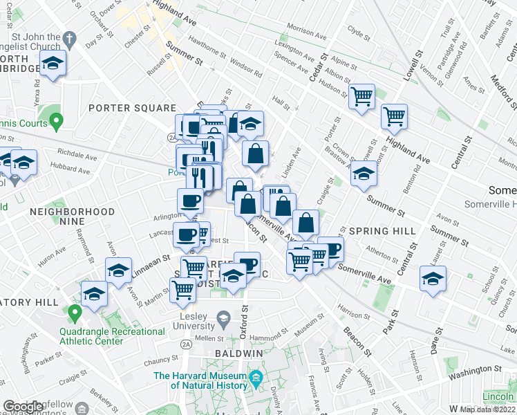 map of restaurants, bars, coffee shops, grocery stores, and more near 36 Elm Street in Somerville