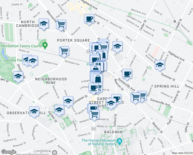 map of restaurants, bars, coffee shops, grocery stores, and more near 1826 Massachusetts Avenue in Cambridge