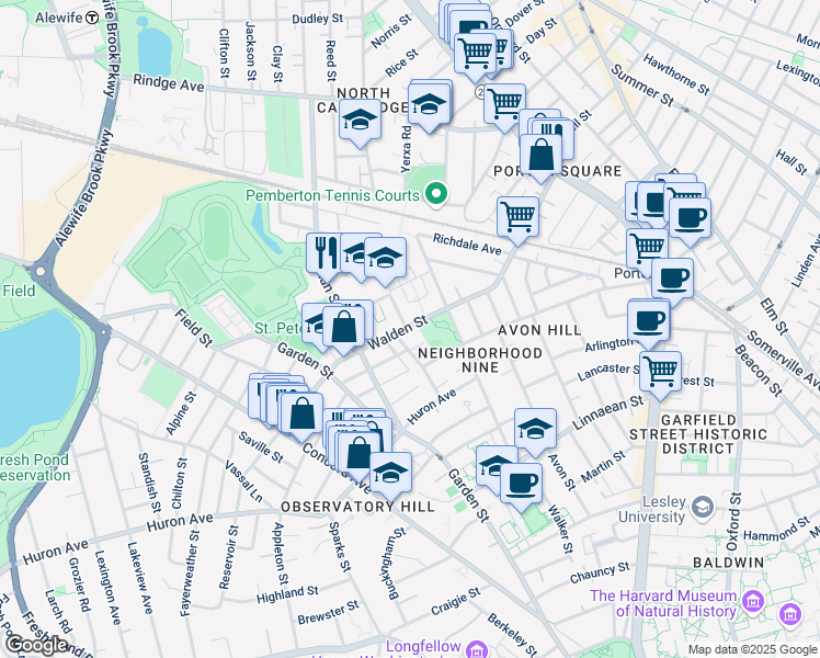 map of restaurants, bars, coffee shops, grocery stores, and more near 2 Lincoln Way in Cambridge