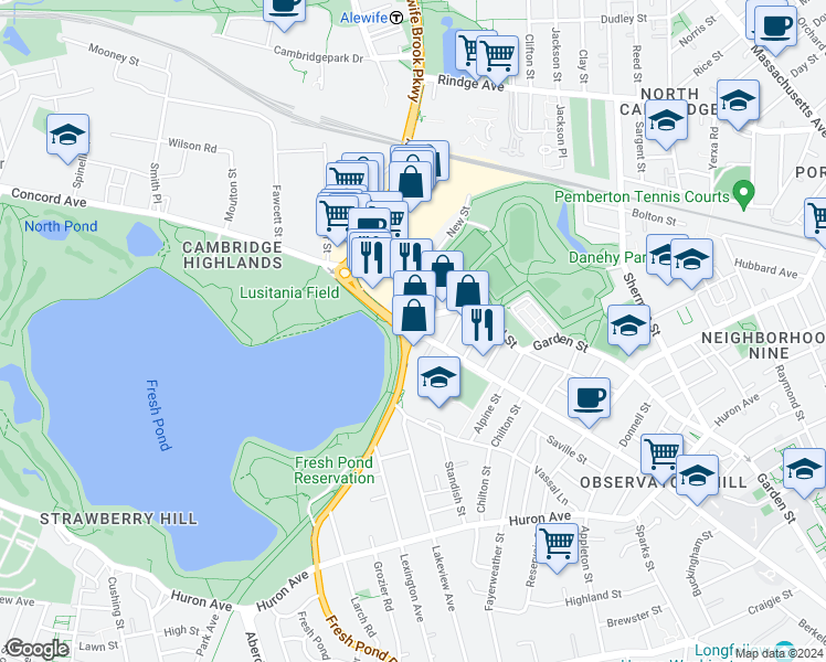 map of restaurants, bars, coffee shops, grocery stores, and more near 483 Concord Avenue in Cambridge