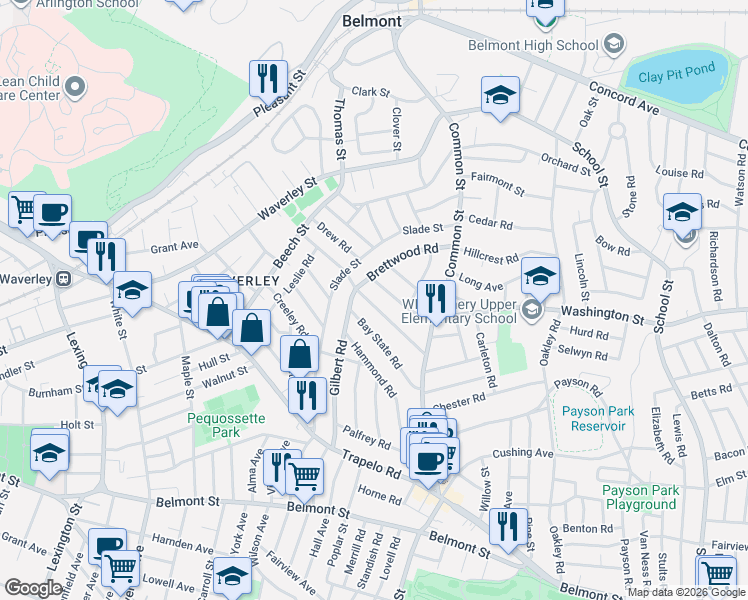 map of restaurants, bars, coffee shops, grocery stores, and more near 79 Horace Road in Belmont