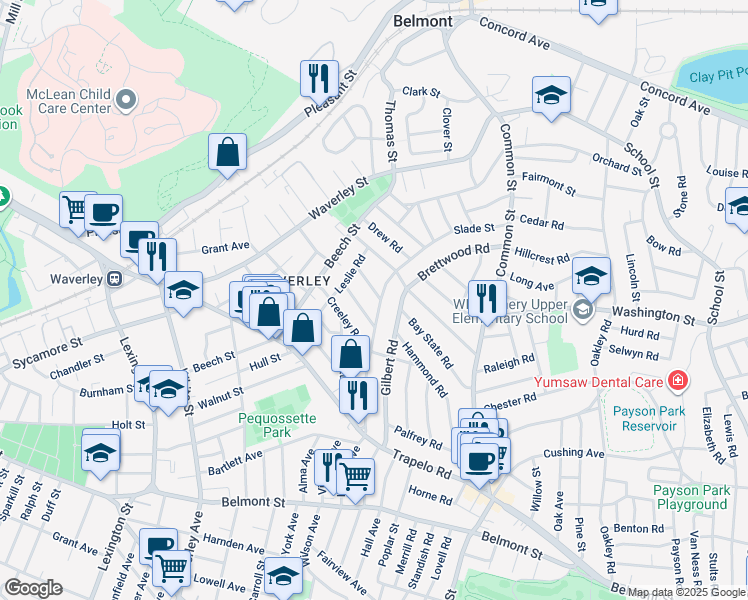map of restaurants, bars, coffee shops, grocery stores, and more near 5 Holden Road in Belmont