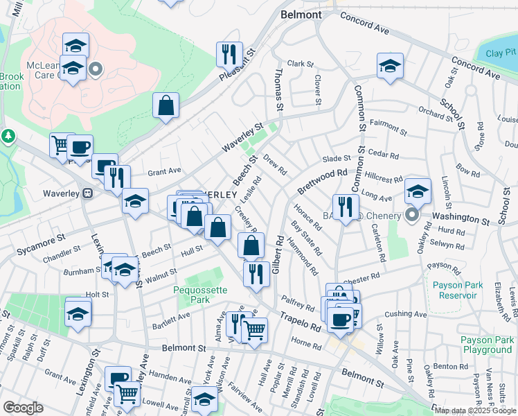 map of restaurants, bars, coffee shops, grocery stores, and more near 5 Holden Road in Belmont