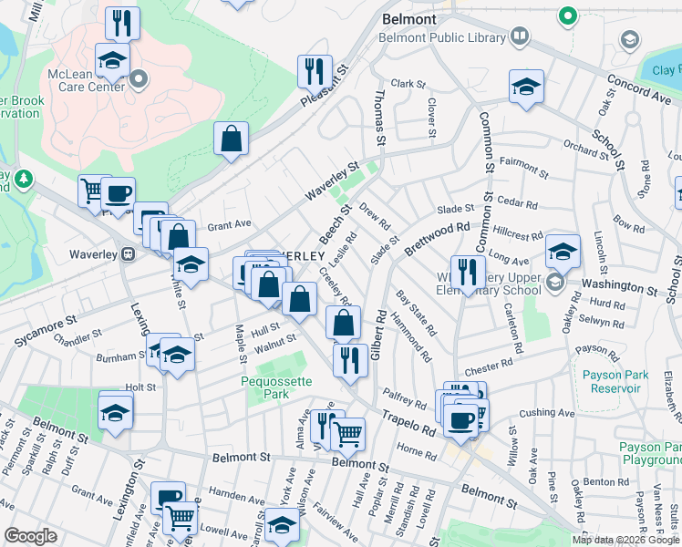 map of restaurants, bars, coffee shops, grocery stores, and more near 46-48 Wiley Road in Belmont