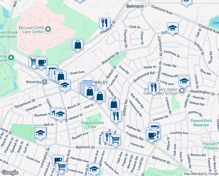 map of restaurants, bars, coffee shops, grocery stores, and more near 46-48 Wiley Road in Belmont