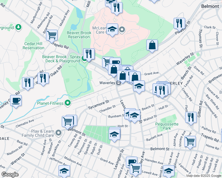 map of restaurants, bars, coffee shops, grocery stores, and more near 29 Lexington Street in Belmont