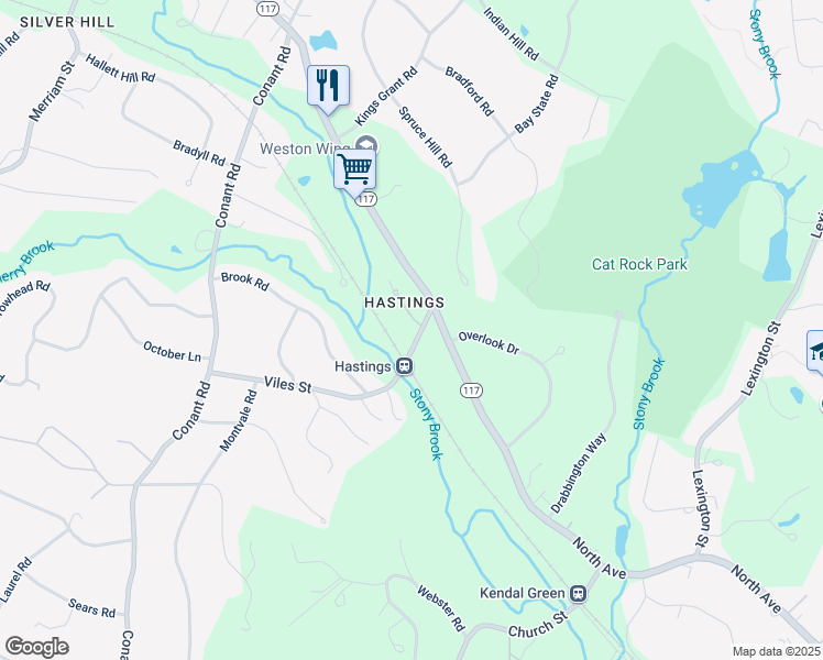 map of restaurants, bars, coffee shops, grocery stores, and more near 2 Hastings Road in Weston