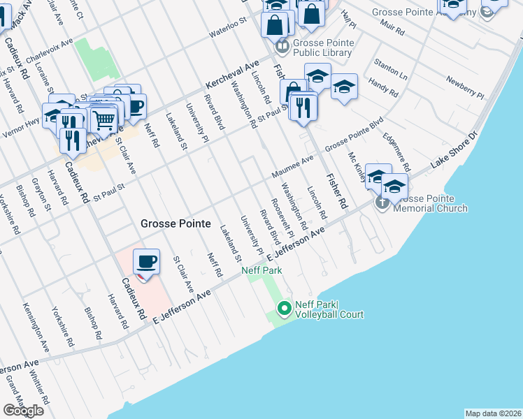 map of restaurants, bars, coffee shops, grocery stores, and more near 354 Rivard Boulevard in Grosse Pointe
