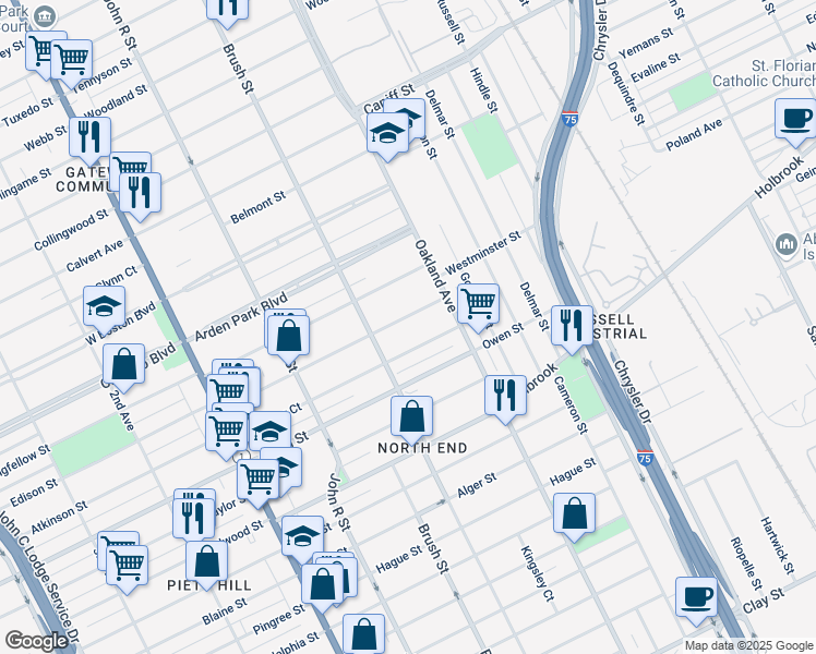 map of restaurants, bars, coffee shops, grocery stores, and more near 545 Kenilworth Street in Detroit