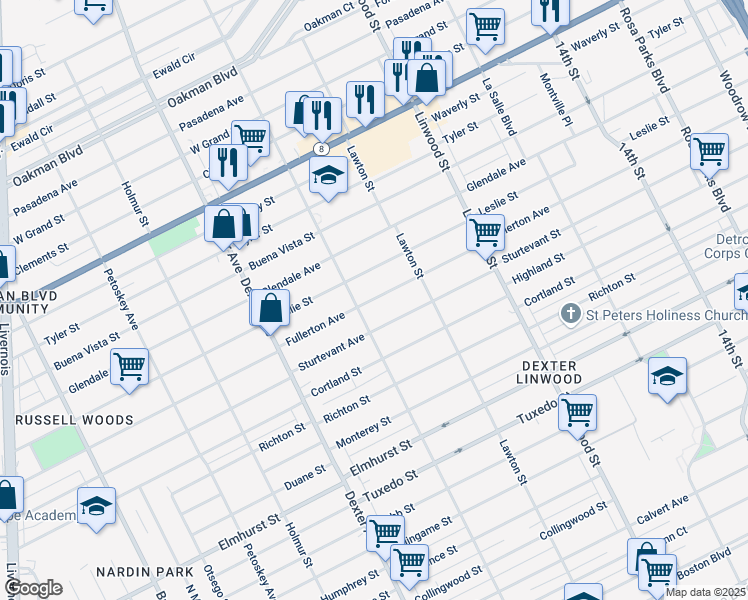 map of restaurants, bars, coffee shops, grocery stores, and more near 3024 Fullerton Avenue in Detroit