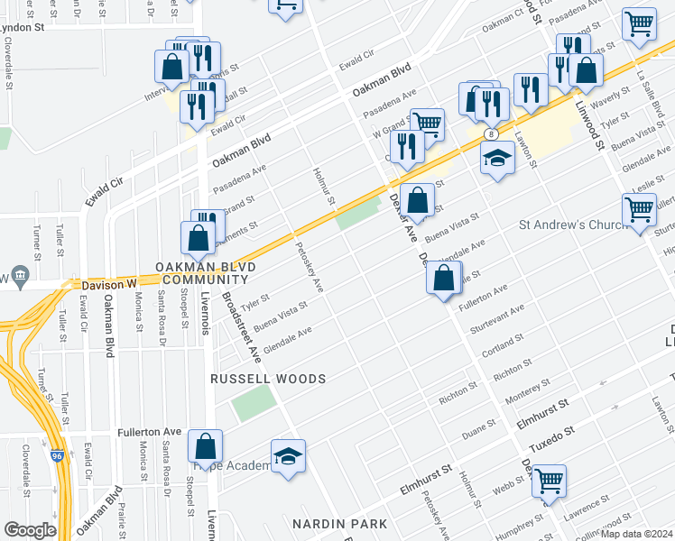 map of restaurants, bars, coffee shops, grocery stores, and more near 4031 Tyler Street in Detroit