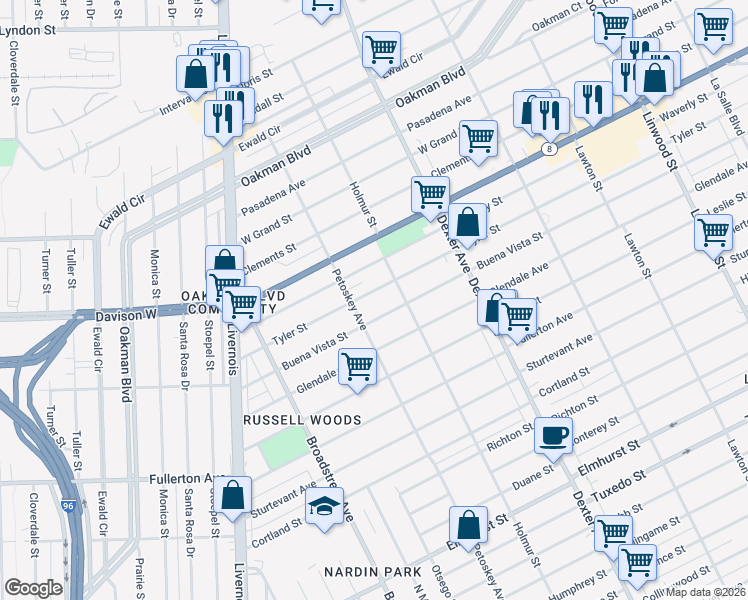 map of restaurants, bars, coffee shops, grocery stores, and more near 4031 Tyler Street in Detroit
