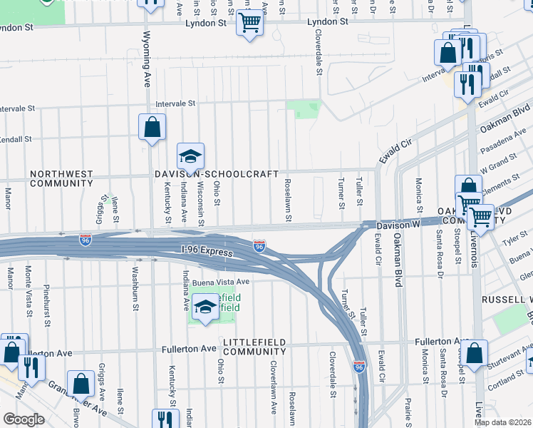map of restaurants, bars, coffee shops, grocery stores, and more near 13546 Northlawn Street in Detroit