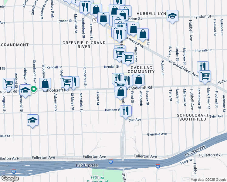 map of restaurants, bars, coffee shops, grocery stores, and more near 13902 Winthrop Street in Detroit