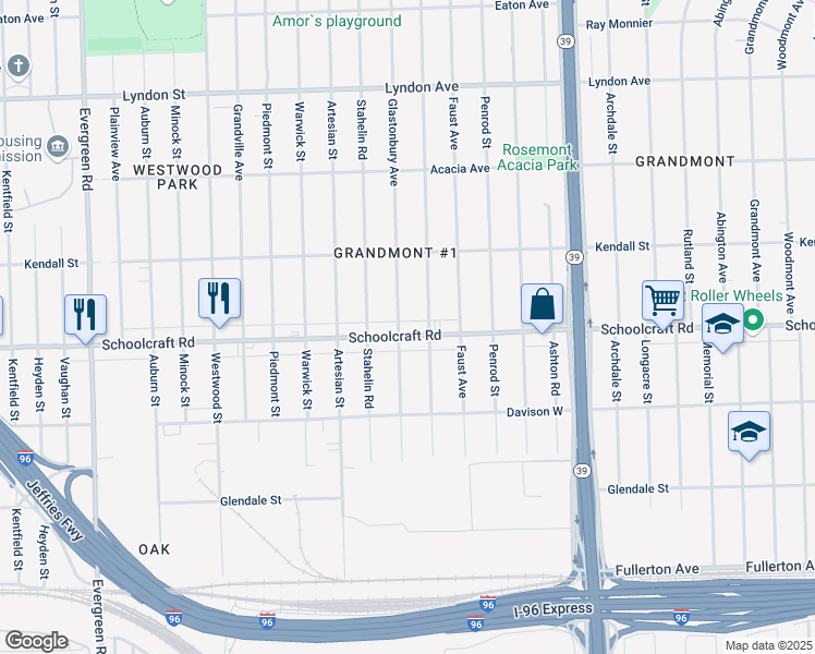 map of restaurants, bars, coffee shops, grocery stores, and more near 13928 Glastonbury Avenue in Detroit