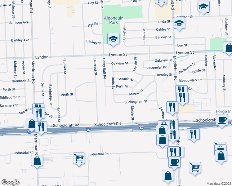 map of restaurants, bars, coffee shops, grocery stores, and more near 30220 Mason Street in Livonia