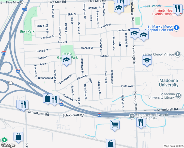 map of restaurants, bars, coffee shops, grocery stores, and more near 14354 Nola in Livonia