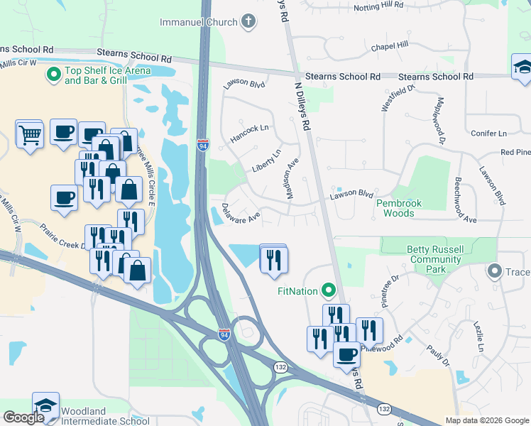 map of restaurants, bars, coffee shops, grocery stores, and more near 5796 Delaware Avenue in Gurnee