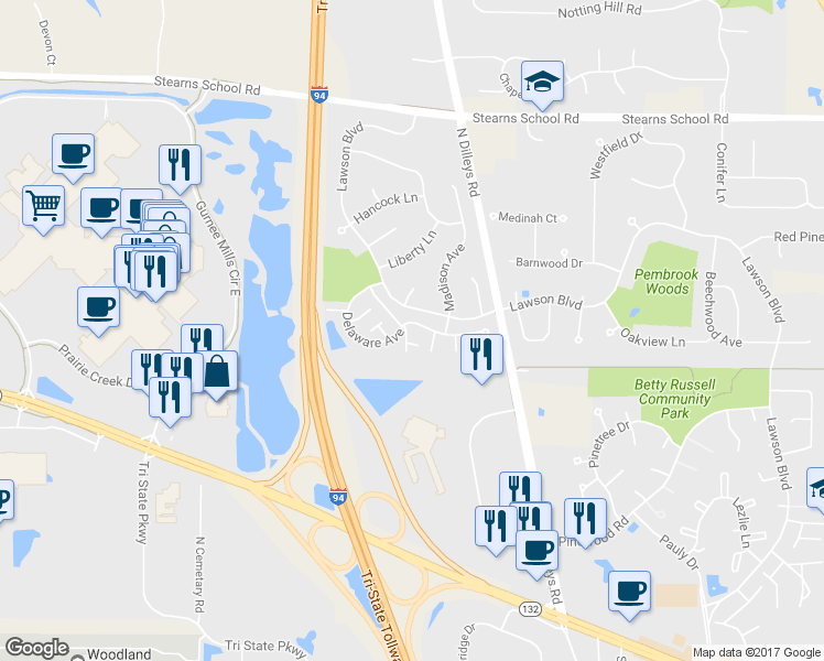 map of restaurants, bars, coffee shops, grocery stores, and more near 5819 Delaware Avenue in Gurnee