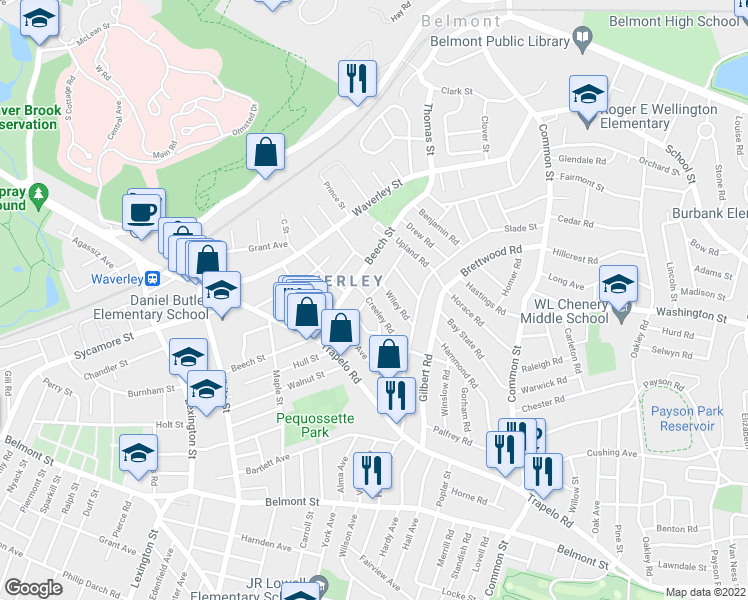 map of restaurants, bars, coffee shops, grocery stores, and more near 20 Creeley Road in Belmont
