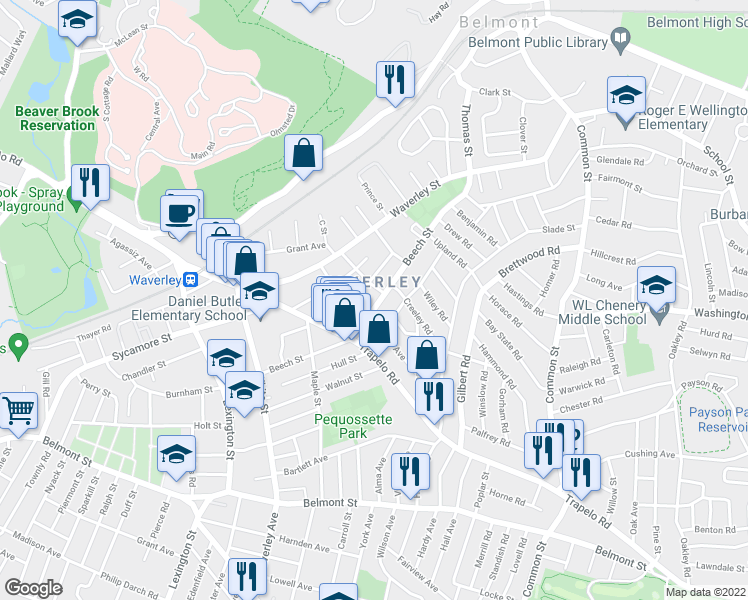 map of restaurants, bars, coffee shops, grocery stores, and more near 164 Beech Street in Belmont