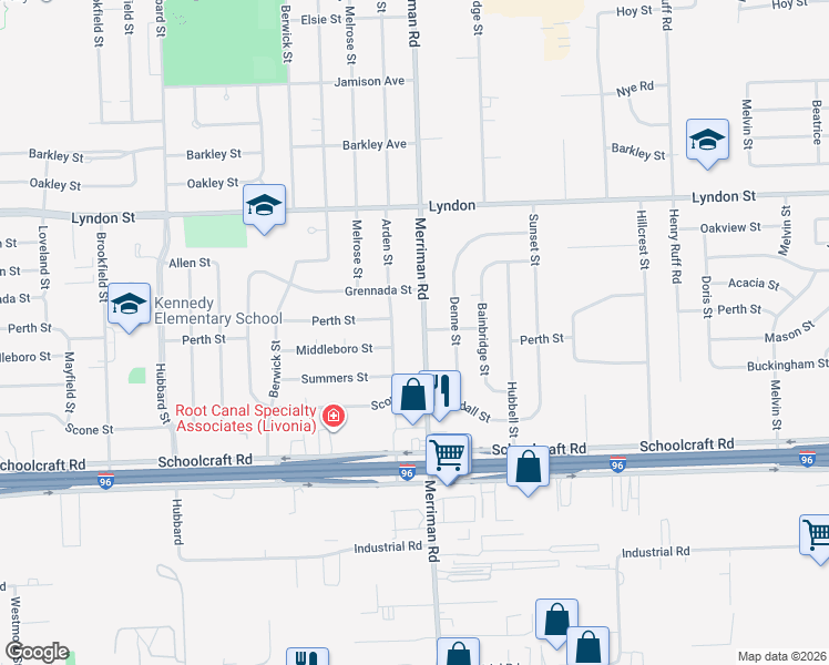 map of restaurants, bars, coffee shops, grocery stores, and more near 14165 Merriman Road in Livonia