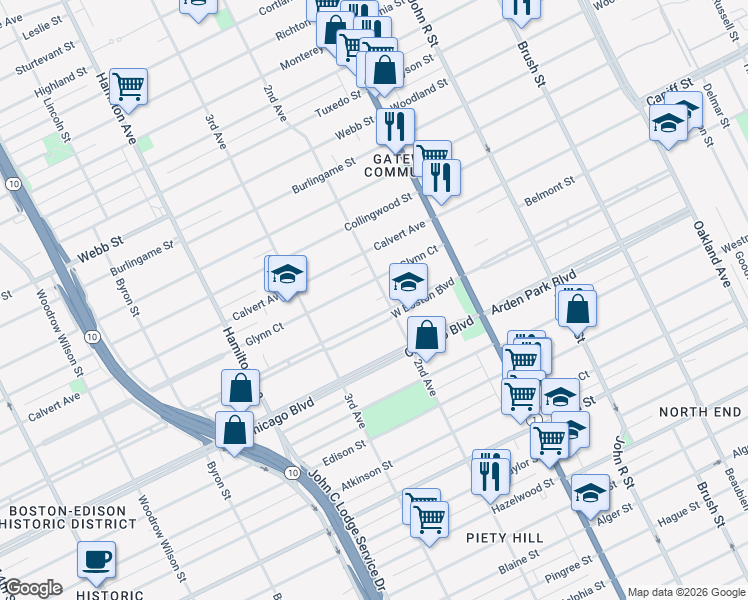 map of restaurants, bars, coffee shops, grocery stores, and more near 150 West Boston Boulevard in Detroit
