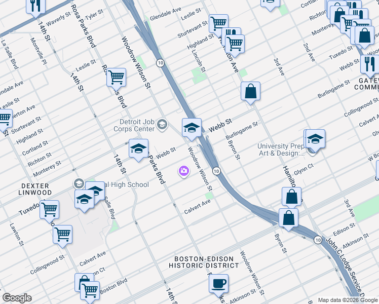 map of restaurants, bars, coffee shops, grocery stores, and more near 1602 Burlingame Street in Detroit