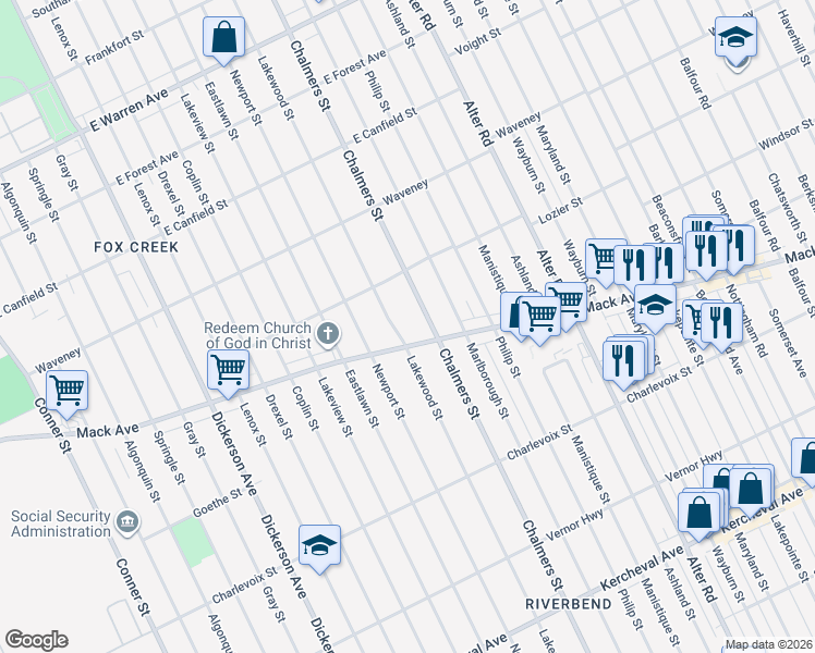 map of restaurants, bars, coffee shops, grocery stores, and more near 3836 Lakewood Street in Detroit