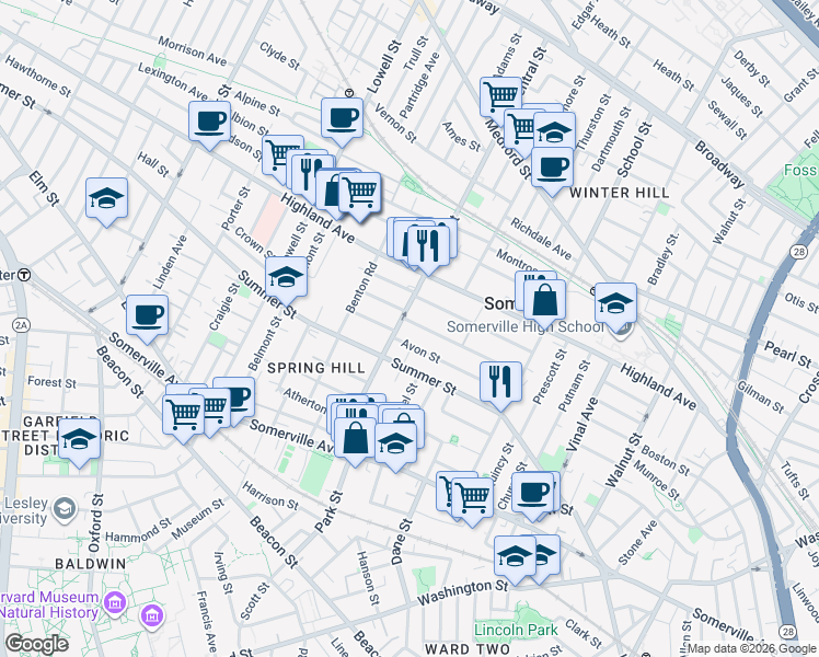 map of restaurants, bars, coffee shops, grocery stores, and more near 76 Berkeley Street in Somerville