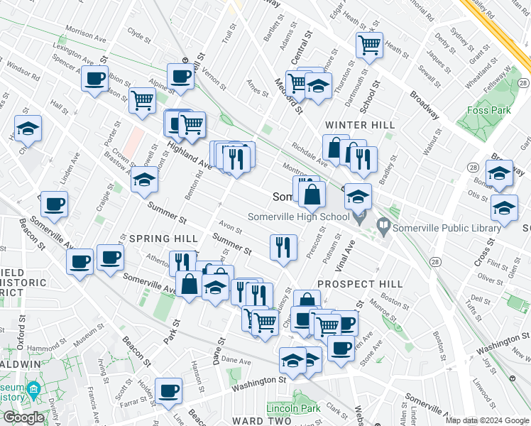 map of restaurants, bars, coffee shops, grocery stores, and more near 52 Oxford Street in Somerville