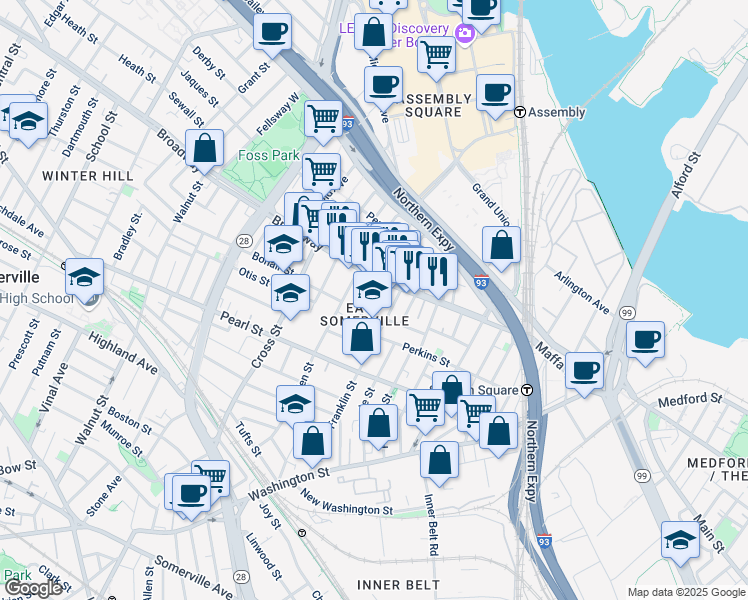map of restaurants, bars, coffee shops, grocery stores, and more near 10 Cutter Street in Somerville