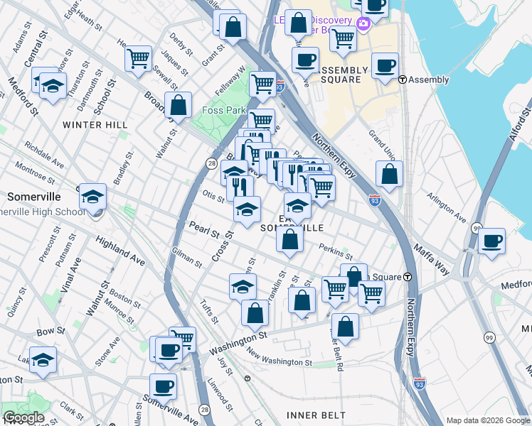 map of restaurants, bars, coffee shops, grocery stores, and more near 27 Glen Street in Somerville
