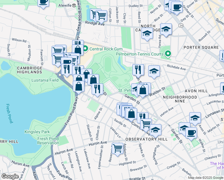 map of restaurants, bars, coffee shops, grocery stores, and more near 255 Garden Street in Cambridge