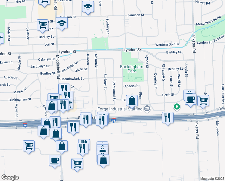 map of restaurants, bars, coffee shops, grocery stores, and more near 14121 Brentwood Street in Livonia