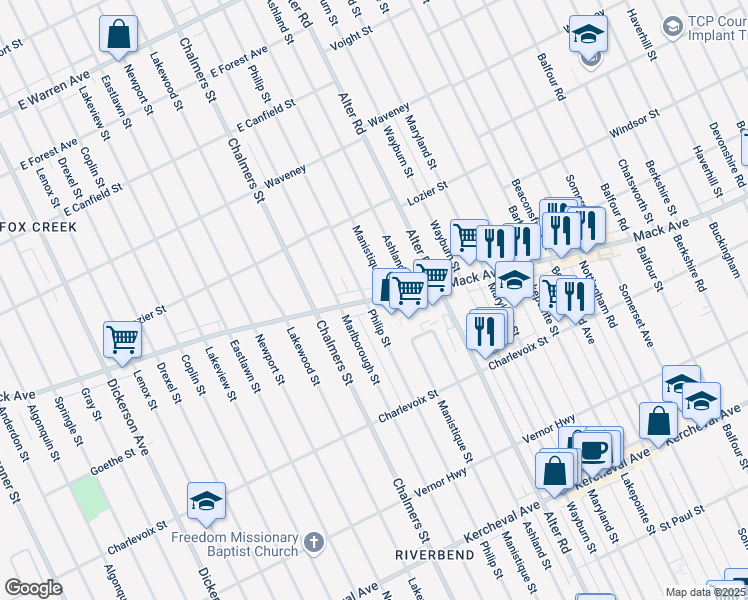 map of restaurants, bars, coffee shops, grocery stores, and more near in Detroit