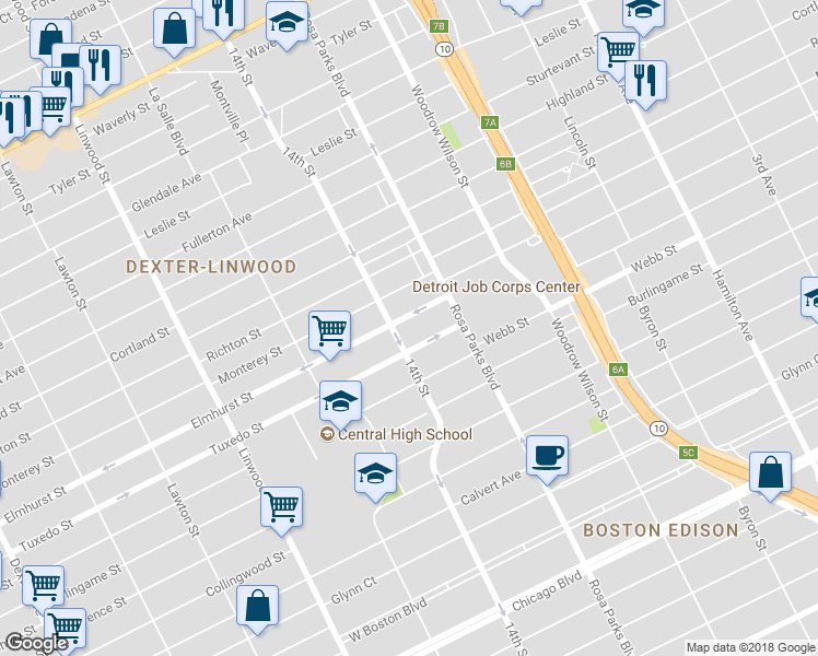 map of restaurants, bars, coffee shops, grocery stores, and more near 2005 Elmhurst Street in Detroit