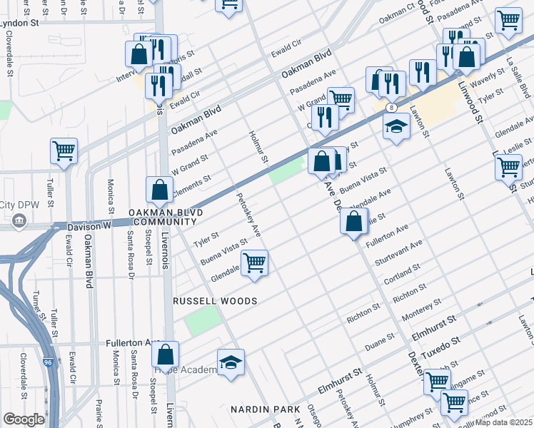 map of restaurants, bars, coffee shops, grocery stores, and more near 4031 Tyler Street in Detroit