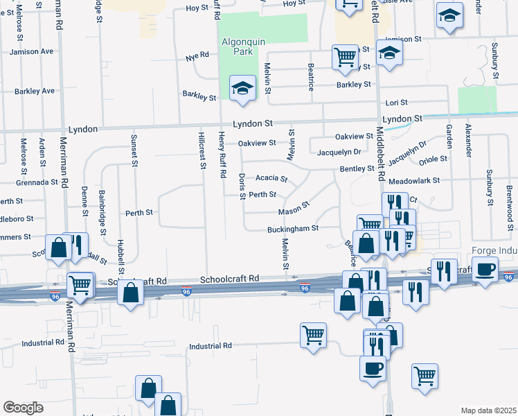 map of restaurants, bars, coffee shops, grocery stores, and more near 30220 Mason Street in Livonia