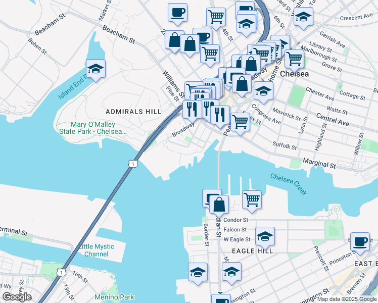 map of restaurants, bars, coffee shops, grocery stores, and more near 1 Winnisimmet Street in Chelsea