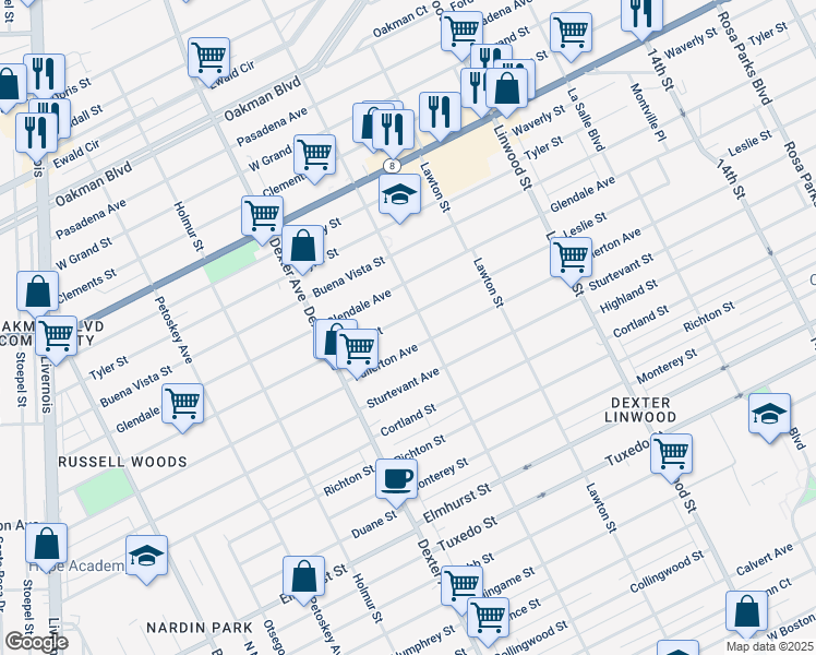 map of restaurants, bars, coffee shops, grocery stores, and more near 3233 Leslie Street in Detroit