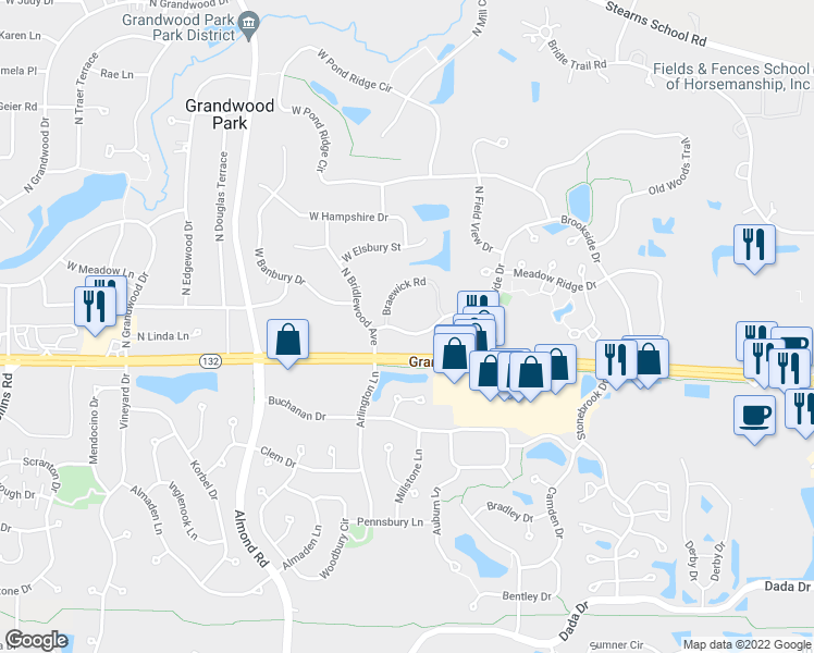 map of restaurants, bars, coffee shops, grocery stores, and more near 17826 West Salisbury Drive in Gurnee