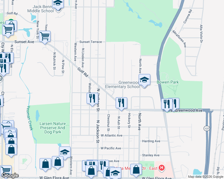 map of restaurants, bars, coffee shops, grocery stores, and more near 1906 North Poplar Street in Waukegan